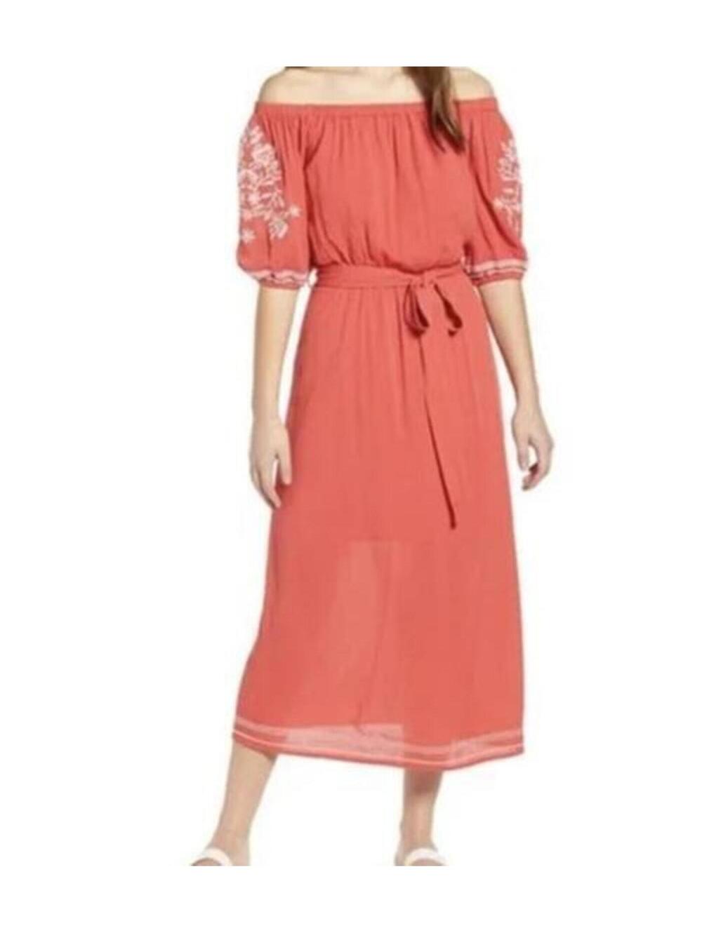 442 CASLON Embroidered Off Shoulder Peasant Boho Midi Dress CORAL sz XS